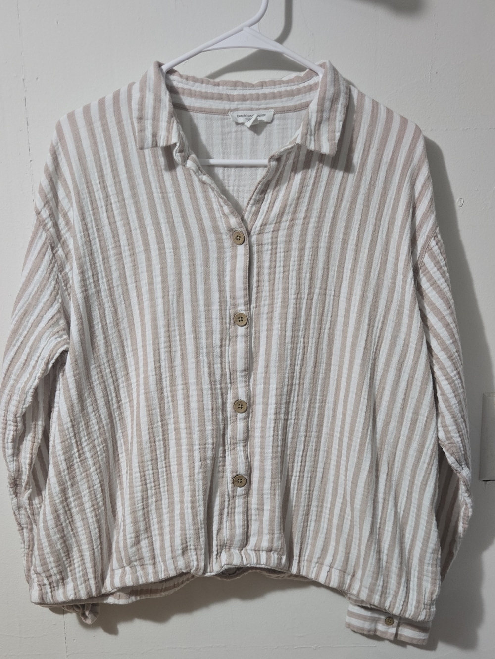 Beige White Striped Crinkle Gauze Button Down Shirt Top